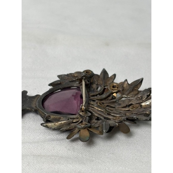 Vintage Art Deco Floral Brooch 1930s Beveled Amethyst Glass Urn Brass Bouquet - Picture 10 of 10